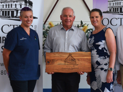 alt="OCTEC softball fundraiser: Orange Softball Association Sponsorship & Fundraising Coordinator Caz Bevan with OCTEC Chair Jeff Whitton, Home Base organiser Ellen Sharp and OCTEC CEO Andrew McDougall"